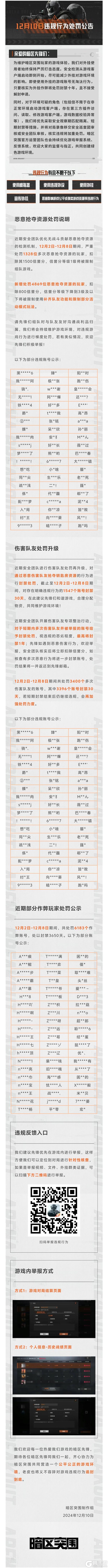 【安全处罚公告】恶意抢夺资源及伤害队友行为处罚公告 12月10日