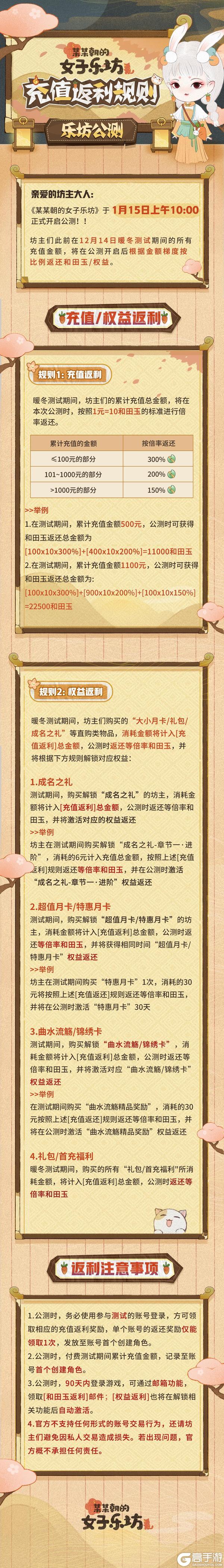 《某某朝的女子乐坊》乐坊公测丨正式开张需知往测「充值返利」规则说明