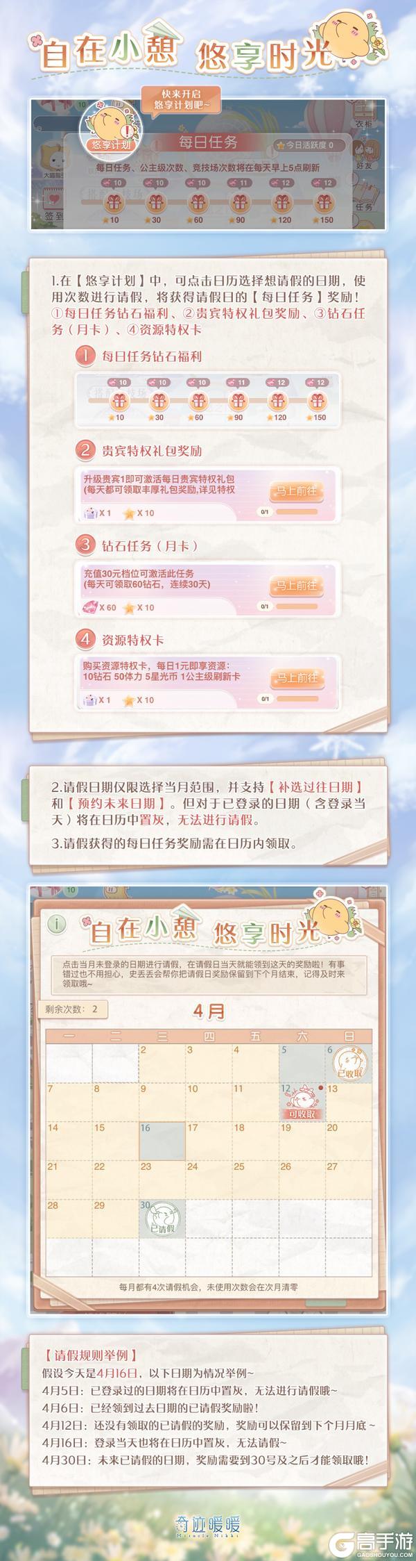 《奇迹暖暖》【新功能】悠享计划功能上线 开启游戏请假体验！