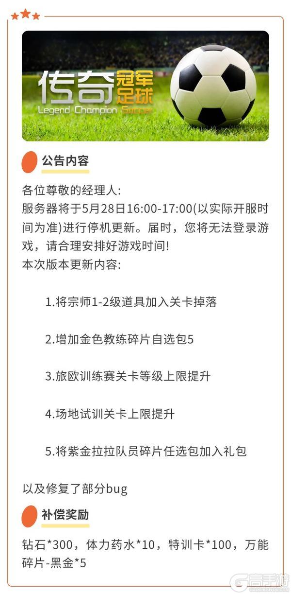《传奇冠军足球》更新公告 | 0528停服维护更新公告请查收