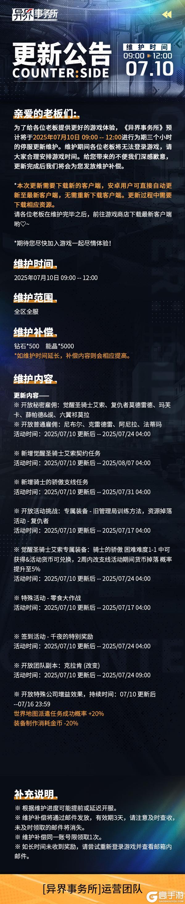 更新情报 | 全新支线任务上线，圣骑士艾索等觉醒职员雇佣概率UP