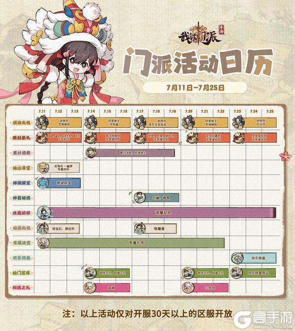 「门派活动日历」7月11日—7月25日