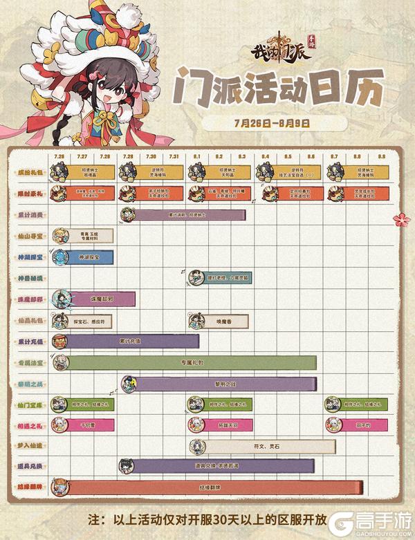 「门派活动日历」7月26日—8月9日