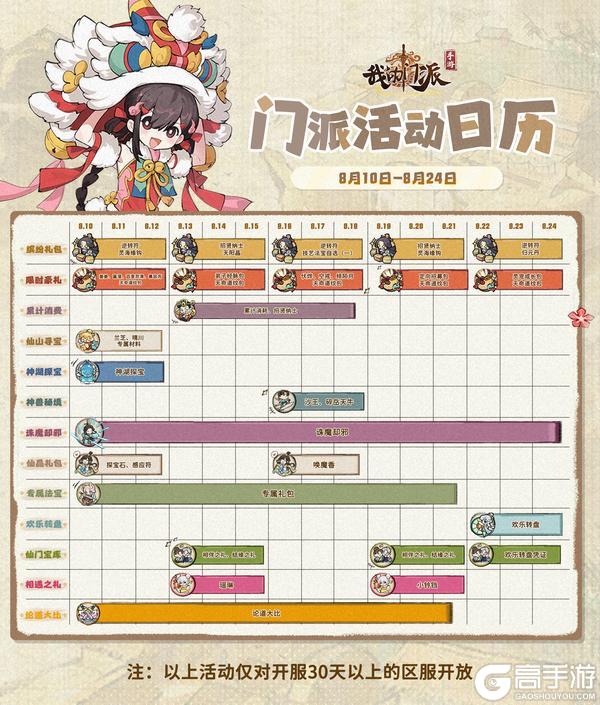 「门派活动日历」8月10日—8月24日