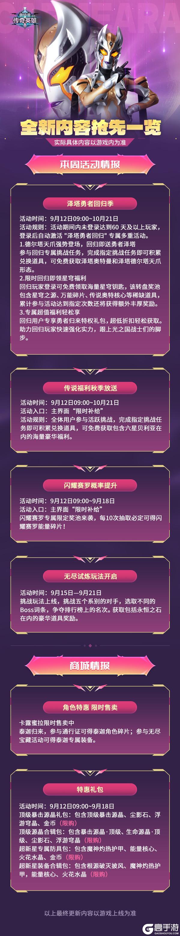 《奥特曼传奇英雄》0912本周活动介绍