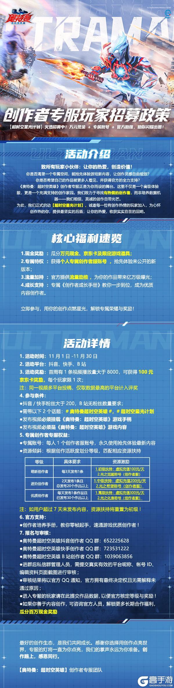 《奥特曼:超时空英雄》创作者专服玩家招募开启!万元奖金等你来~