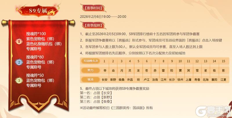 《三国群英传国战版》S9新服【九五至尊】1.22开启 集结兄弟共战跨服争霸