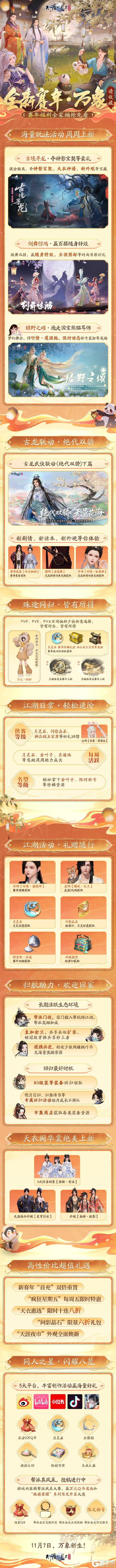 《天涯明月刀手游》上线自带五十万天赏的新服来了,还有新赛年海量福利全家桶清单!