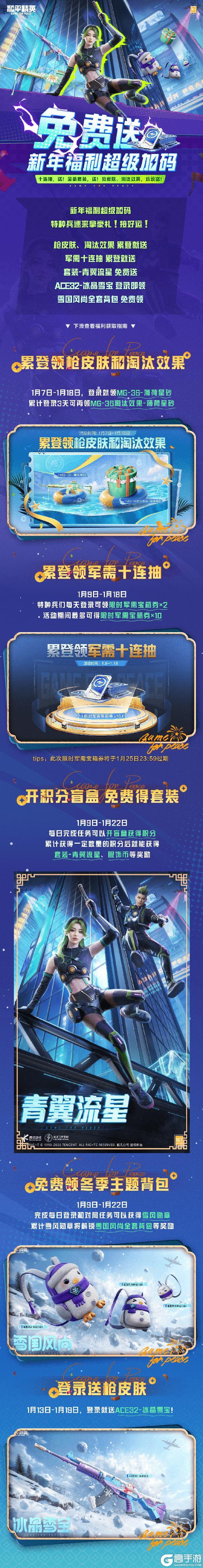 《和平精英》【免费送】新年福利超级加码！十连抽，送！全新套装，送！枪皮肤、淘汰效果，统统送！