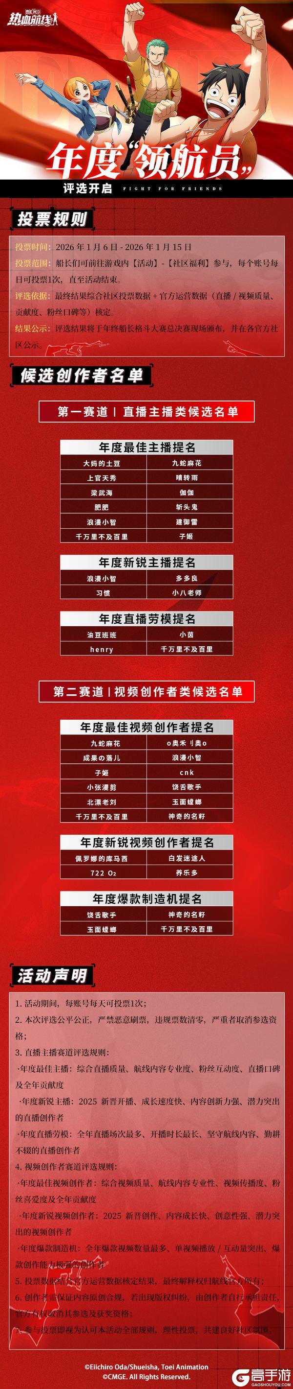 《航海王热血航线》2025 年度优秀创作者评选开启！投出关键一票
