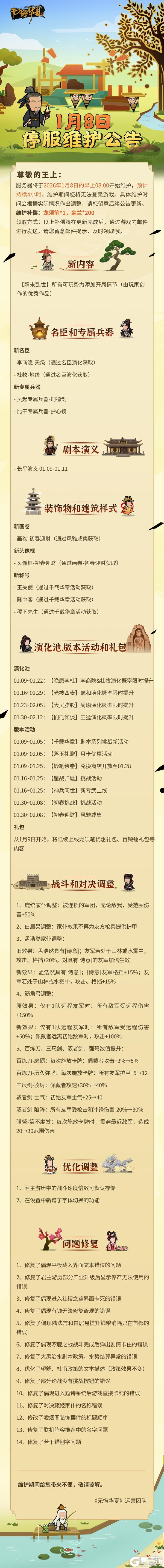 《无悔华夏》【更新公告】1月8日停服维护公告