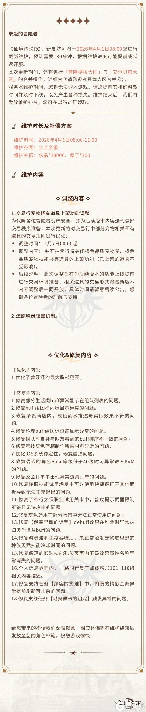 《仙境传说：新启航》更新公告 | 4月1日更新维护公告