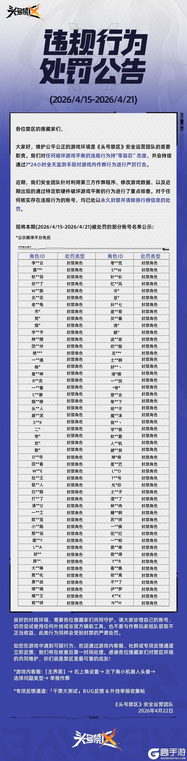 《头号禁区》外挂作弊处罚公告（4月22日）