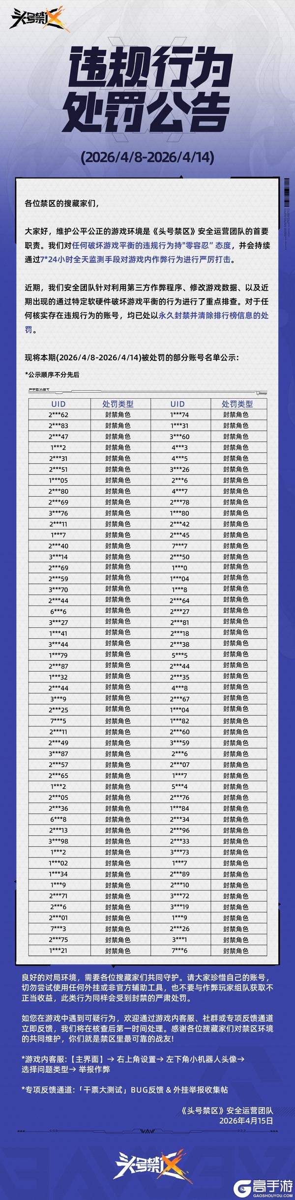 《头号禁区》外挂作弊处罚公告（4月15日）