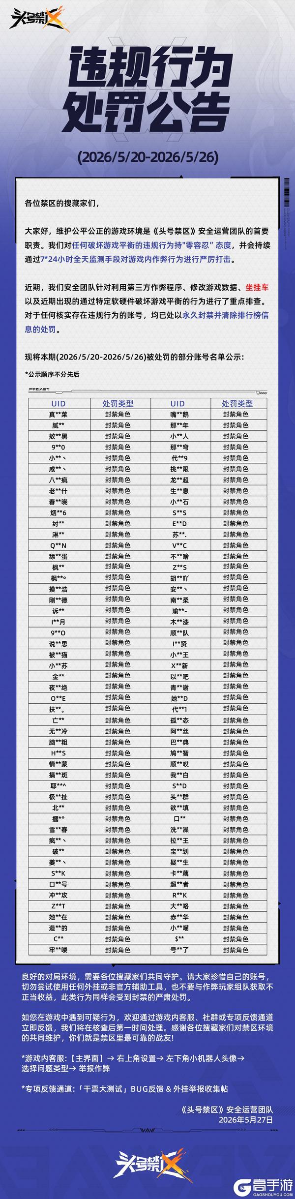 《头号禁区》外挂作弊处罚公告（5月27日）