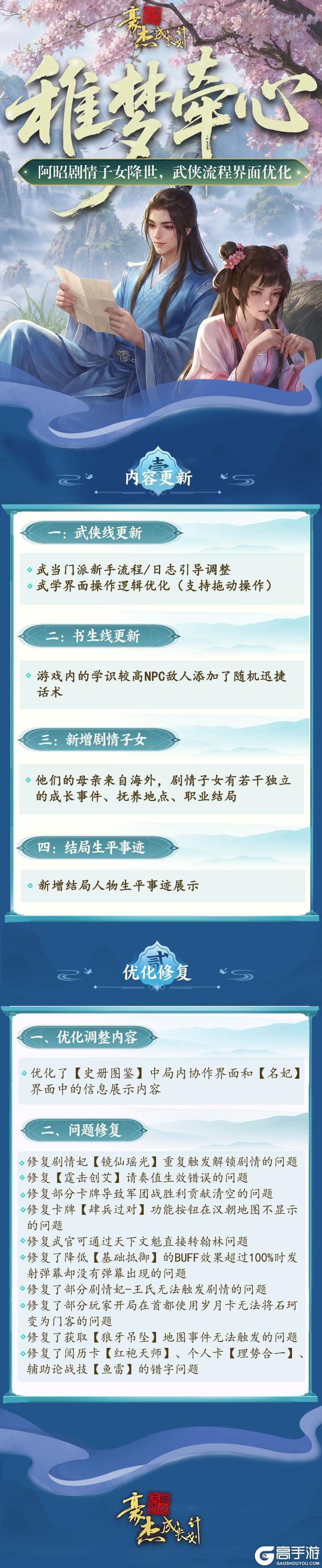《豪杰成长计划》5月28日 阿昭剧情子女降世 武侠流程界面优化