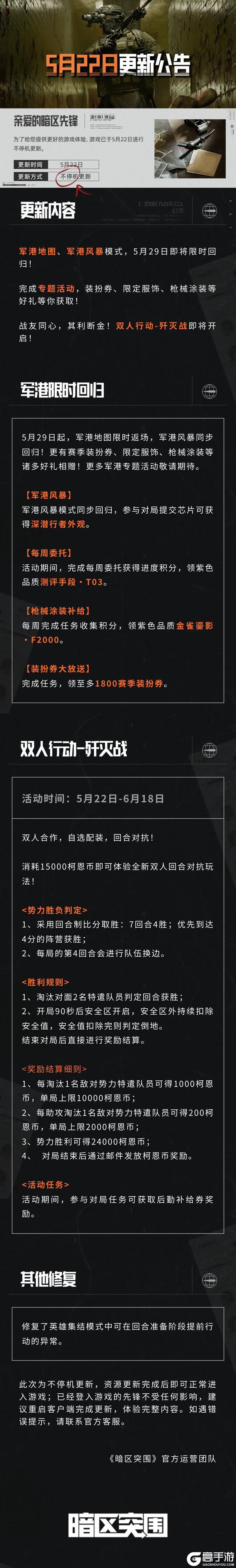 《暗区突围》更新公告丨军港限时回归！双人行动-歼灭战开启！